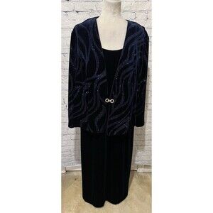 R&M Richards Plus Size Blue Velvet Sleeveless Dress with Glitter Jacket Size 20W